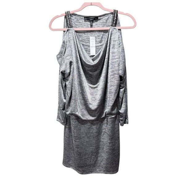 NWT WHBM Marled Gray Cold Shoulder Dolman Blouson Dress gray beaded Small - Picture 3 of 12